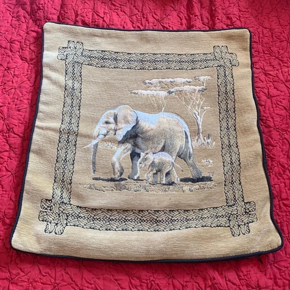 Vintage Elephant Safari Woven Tapestry Pillow Cover‎ Tan Black 18x18